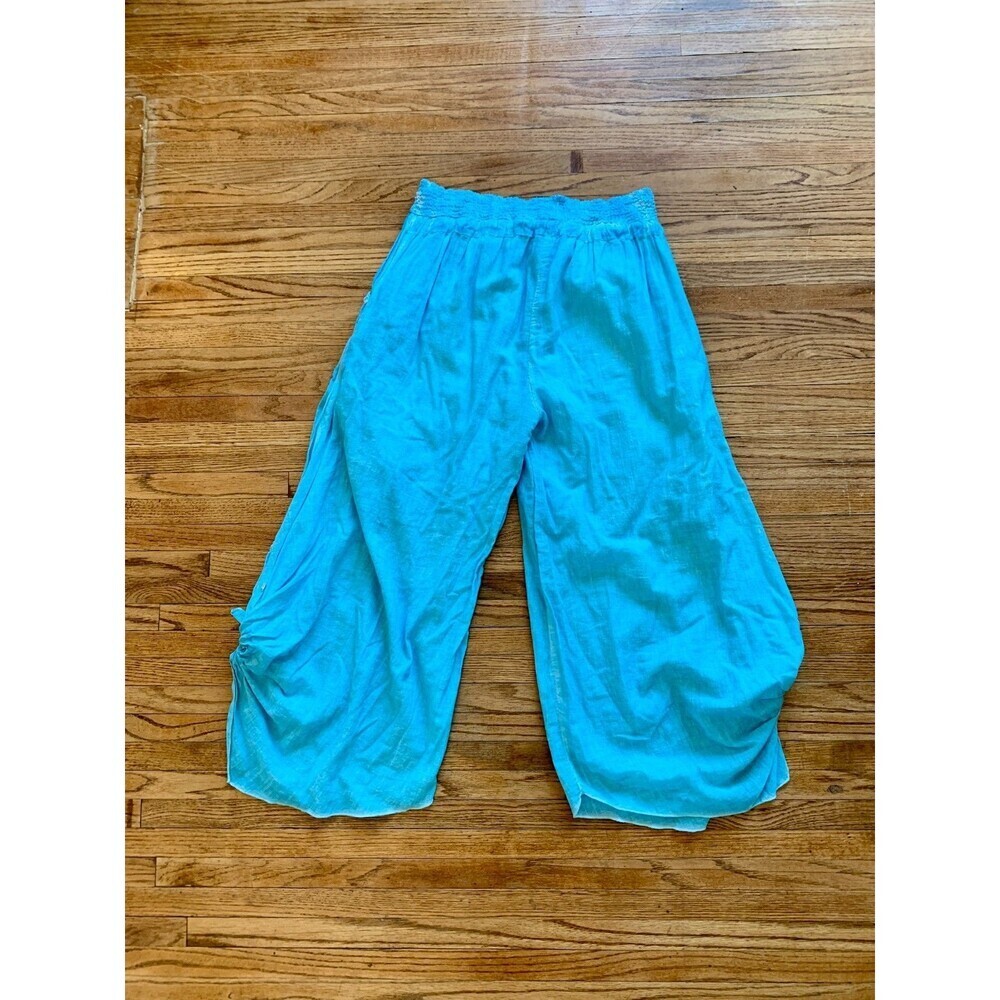 Tubazaar Women O/S Wide Leg Slastic Waist Crop 39” Yoga Tie Aqua Blue Linen Beac